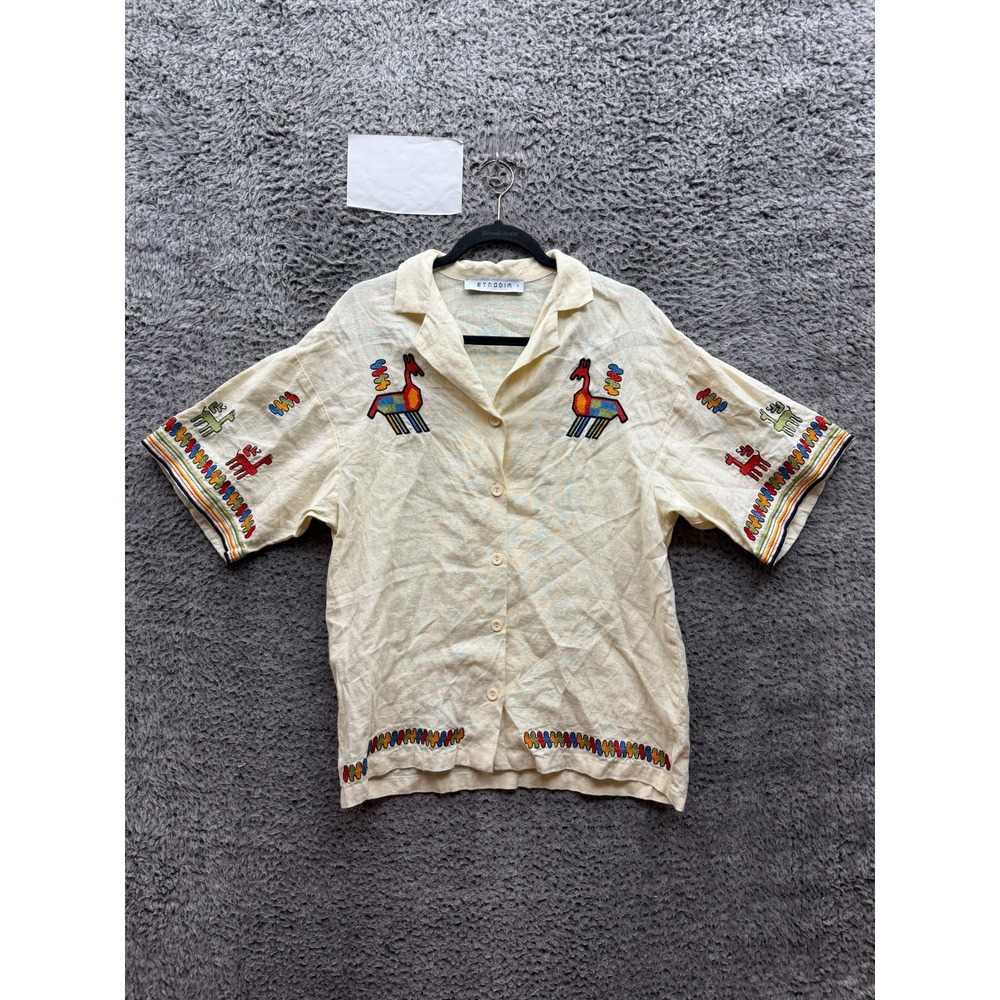 Etnodim Konyk Linen Embroidered Short Sleeve Shirt Beige Womens Size S